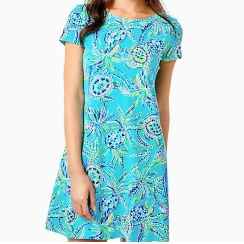 EUC Lilly Pulitzer Kimi Swing Dress – Bermuda Blue Turtle – Size L lattice back.